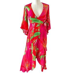 Farm Rio Pink Pietra Wrap Dress Tropical Floral Bell Sleeve Size XS NWT